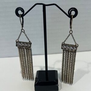 NEW Brass Tone and Rhinestone Chain Dangle Drop Pierced Earrings